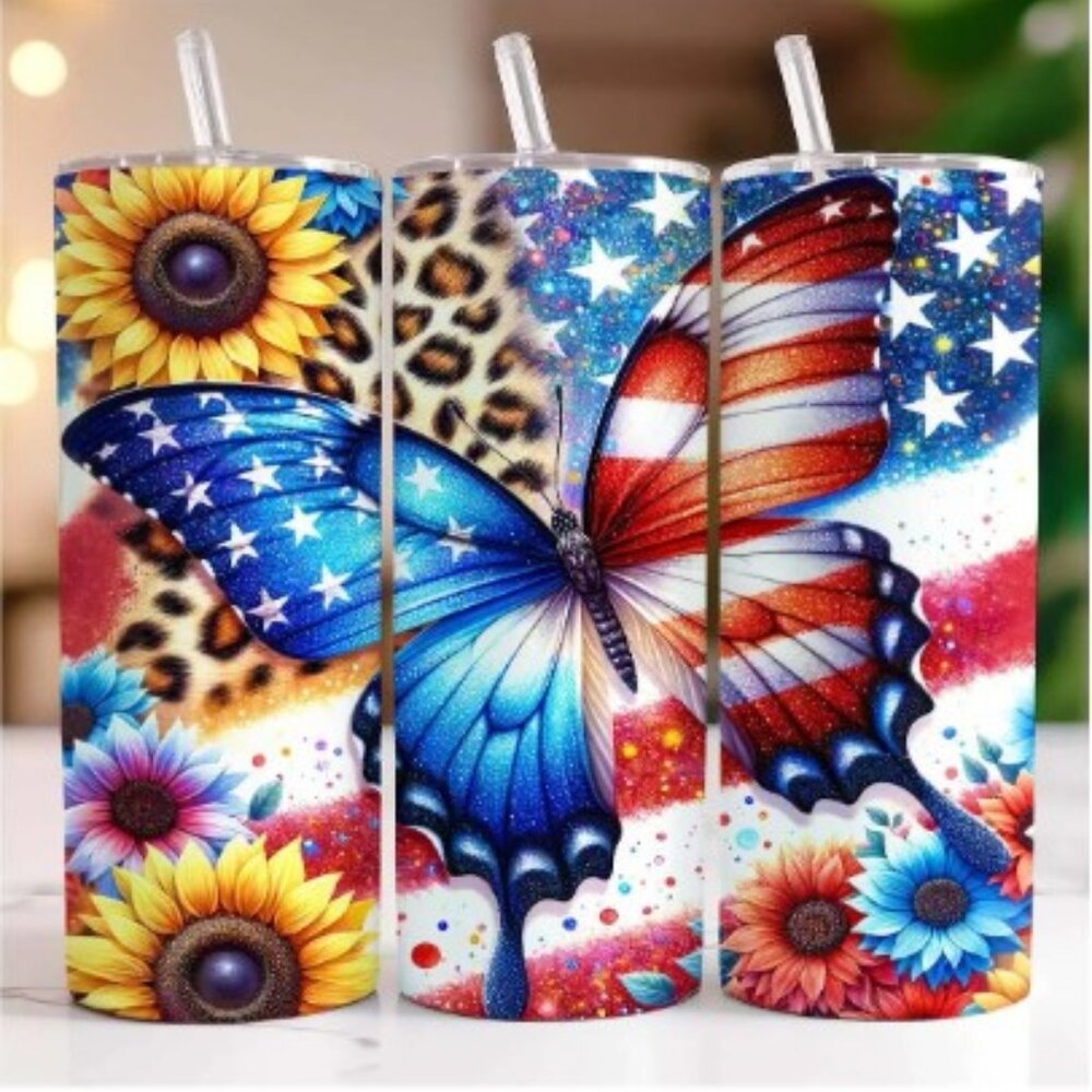 Freedom Blooms Patriotic Butterfly and Sunflower 20oz Skinny Tumbler